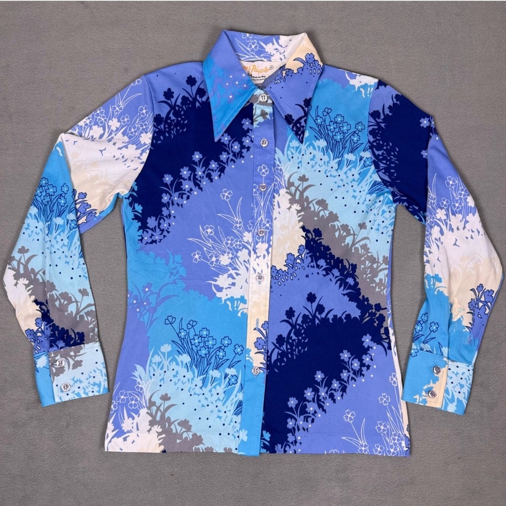 Vintage 70s Floral Button Up Blouse Blue Wildflower Print Dagger Collar S